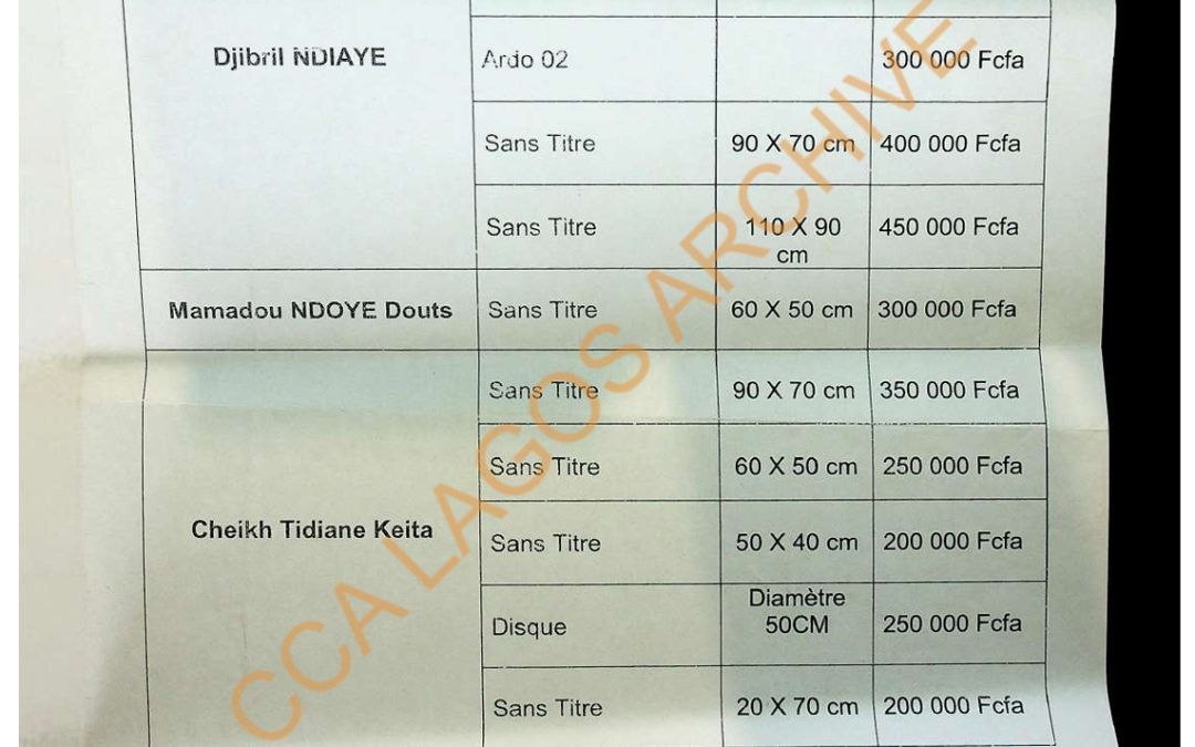 Dak’Art Biennale Off 2008: Exhibition Price List of Artworks
