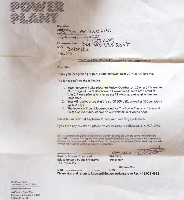 The Power Plant Public Programme: Letter of Agreement