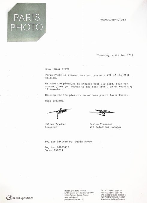 Paris Photo 2012 VIP Invitation Letter to Bisi Silva