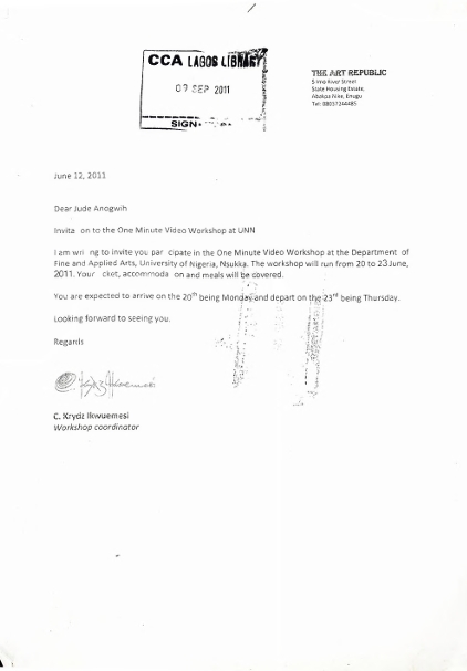 invitation letter to jude anogwih for the one minute video workshop at unn