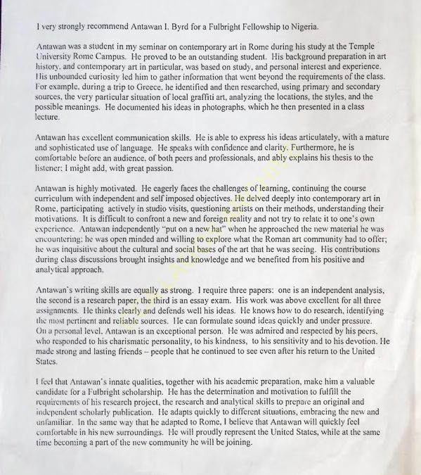 Fulbright Application Materials and Reflective Essay by Antawan I. Byrd
