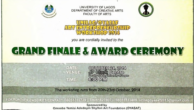 Invitation Card to the UNILAG/OYASAF Art Entrepreneurship Workshop 2014 Grand Finale & Award Ceremony