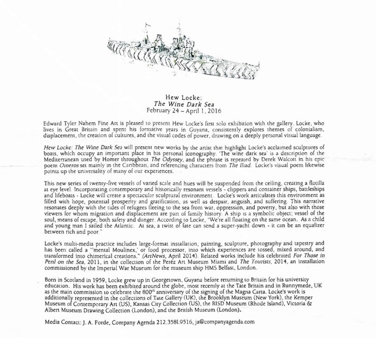 Press Release for Hew Locke’s “The Wine Dark Sea” Solo Exhibition