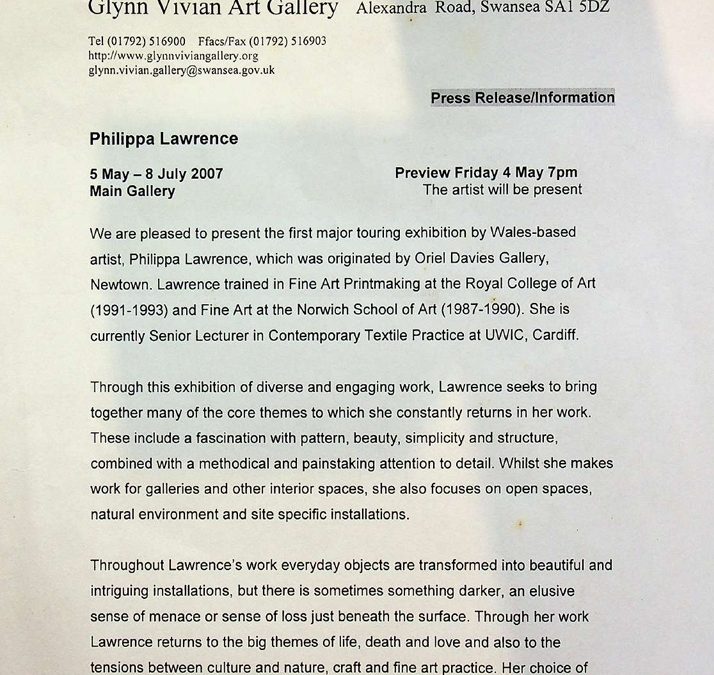 Press Release for Philippa Lawrence’s Touring Exhibition at Glynn Vivian Art Gallery