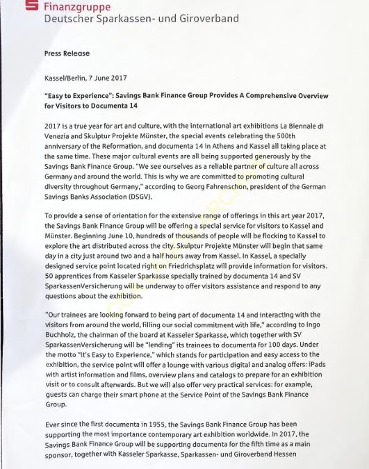 Sponsorship Press Releases for Documenta 14: Savings Bank Finance Group and Volkswagen  Group