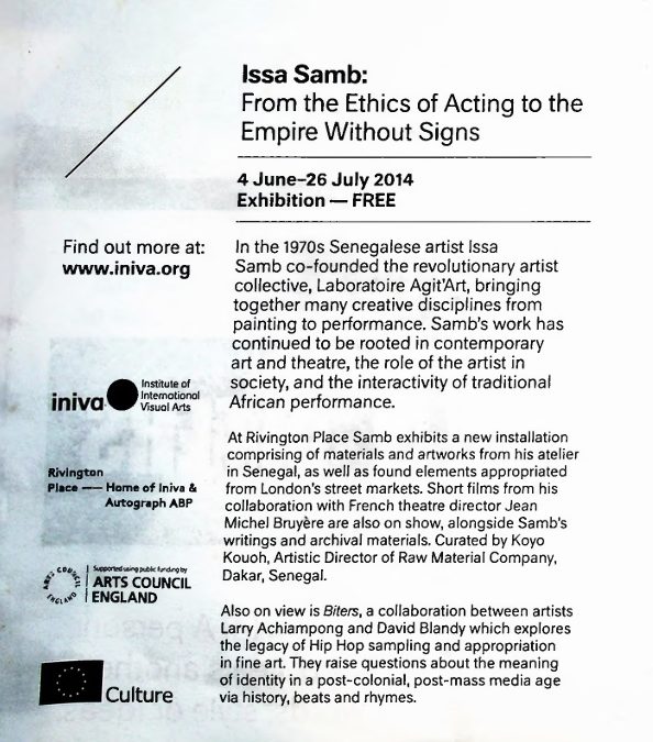 Issa Samb: From the Ethics of Acting to the Empire Without Signs Exhibition Pamphlet (inIVA, 2014)