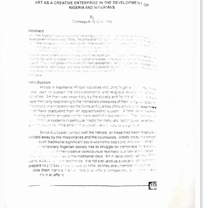 Art As A Creative Enterprise In The Development Of Nigeria And Nigerians By Trimisiyu  A G Oladimeji