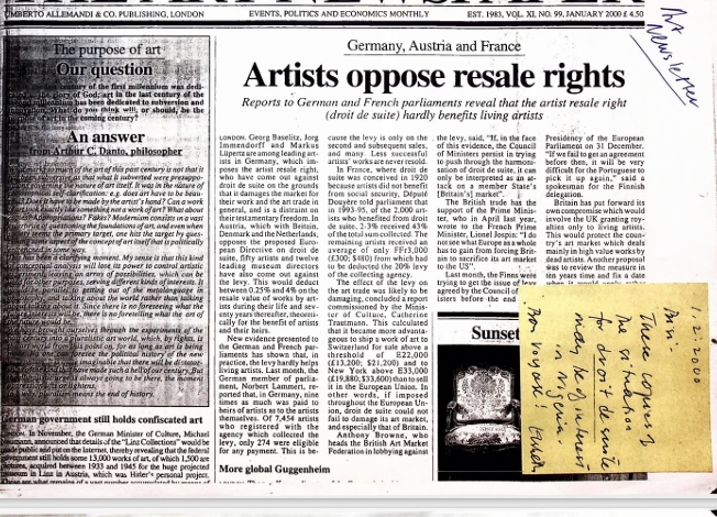 The Art Newspaper Issue No. 99: “Artists Oppose Resale Rights” (January 2000)