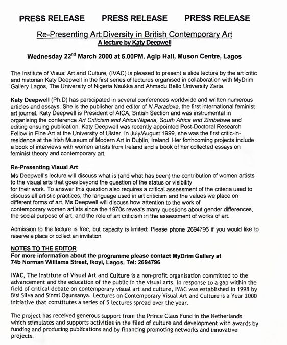 IVAC Lecture Press Release: Katy Deepwell on “Re-Presenting Art: Diversity in British Contemporary Art