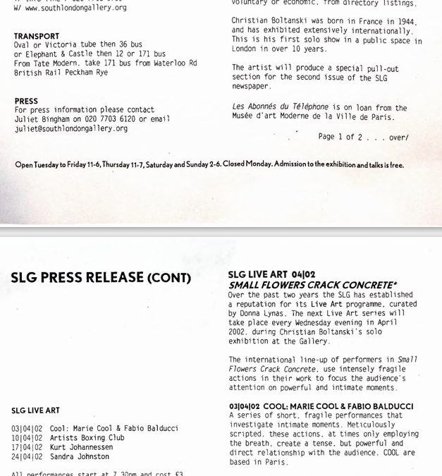 South London Gallery (SLG) Press Release: Christian Boltanski’s Les Abonnés du Téléphone and Small Flowers Crack Concrete Live Art Series