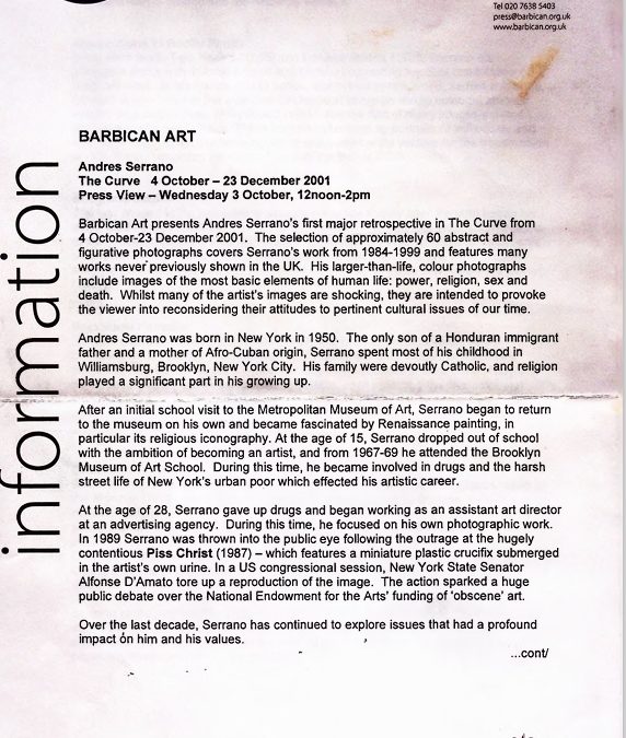Barbican Art Exhibition Press Release: Andres Serrano Retrospective at The Curve