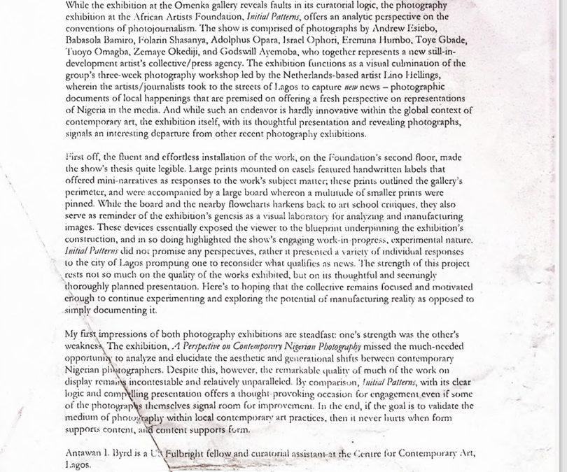 A Perspective on Contemporary Nigerian Photography” and “Initial Patterns” (Lagos)