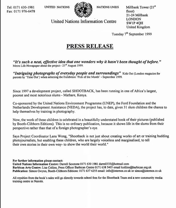 United Nations Press Pack – Shootback Nairobi Slum Exhibition and Olara Otunnu UN Biography